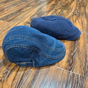 Lot of 2 Mens Blue Denim Ivy Cap and Navy Newsboy Flat Cabbie Hats Adjustable
